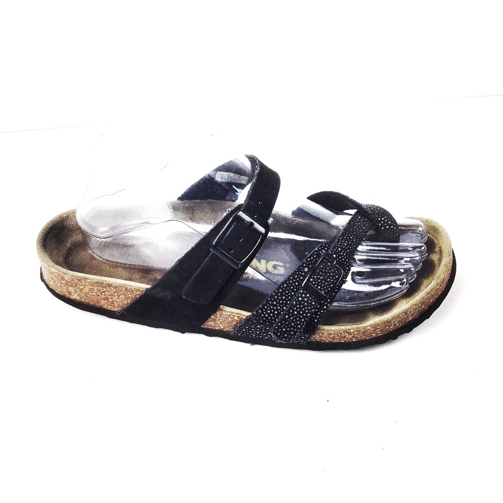 Viking cork sole sandals pre-loved black and silver size 8.5